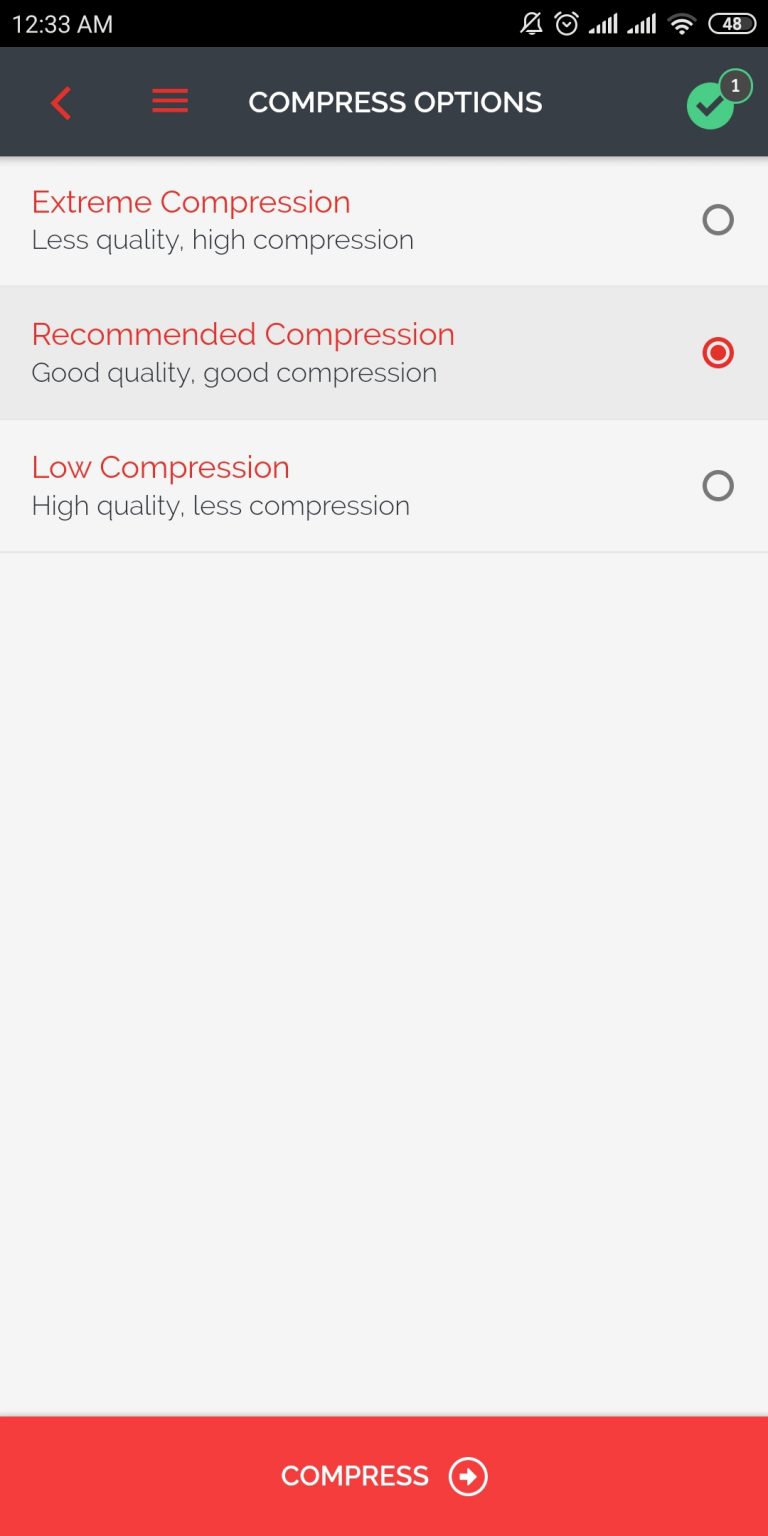 Terakhir, pilih Compression Level ( Direkomendasikan pilih yang “Recommended Compression”). Lalu Klik Compress